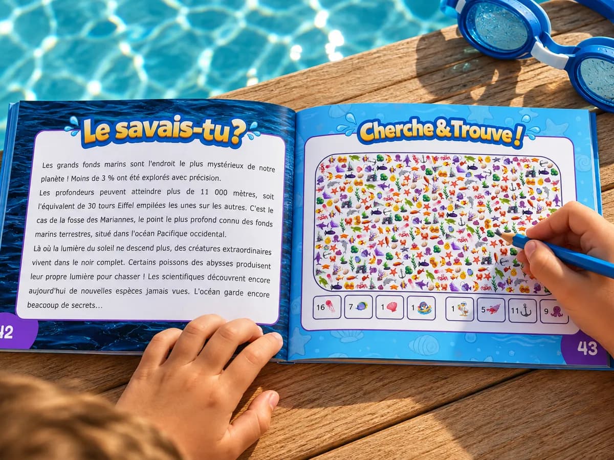 Le livre ouvert sur un jeu « Cherche & trouve ! » et une page « Le savais-tu ? »